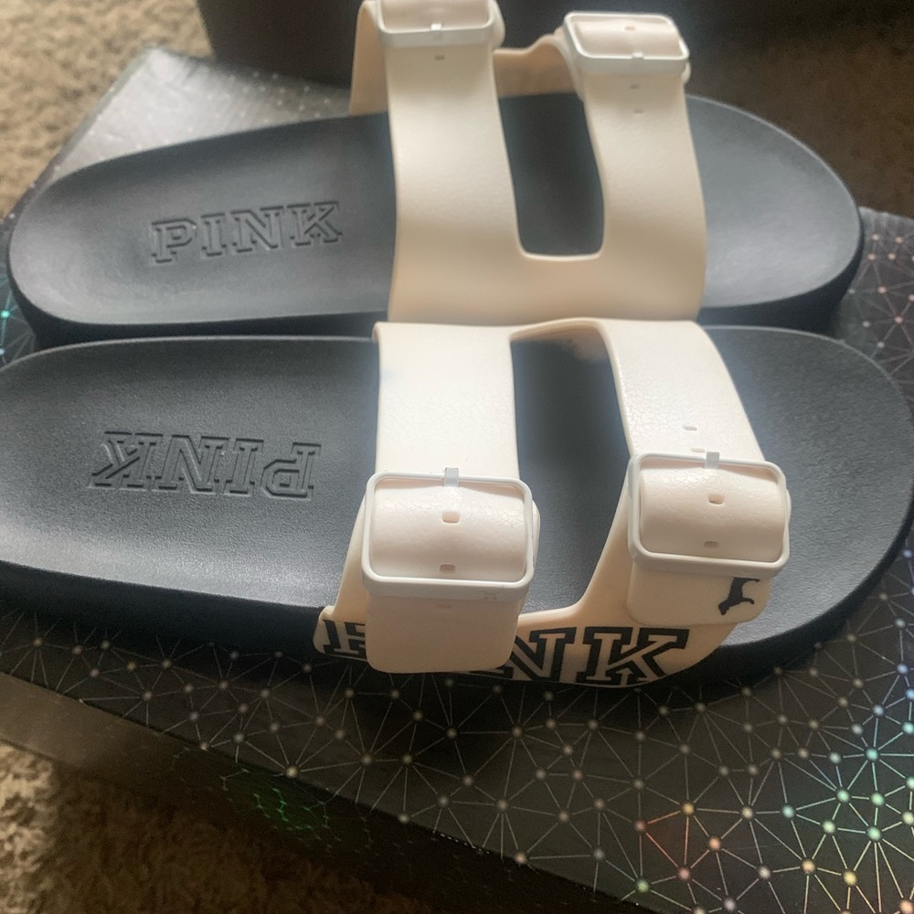 Cream color .. Pink slides.. worn once